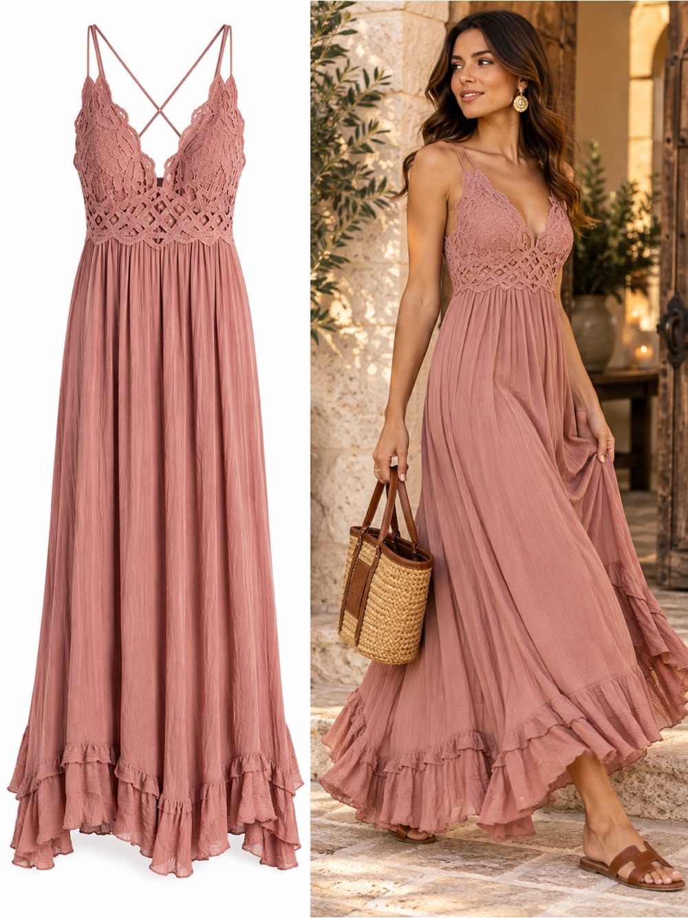 Free People FP One Adella Crochet Lace Maxi Slip Dress Dried Currant Size Small